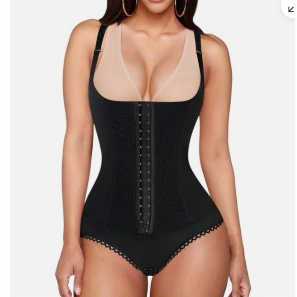 Irisnaya Full Body Shapewear Bodysuit Womens L Black Hook Eye Waist Trainer NEW